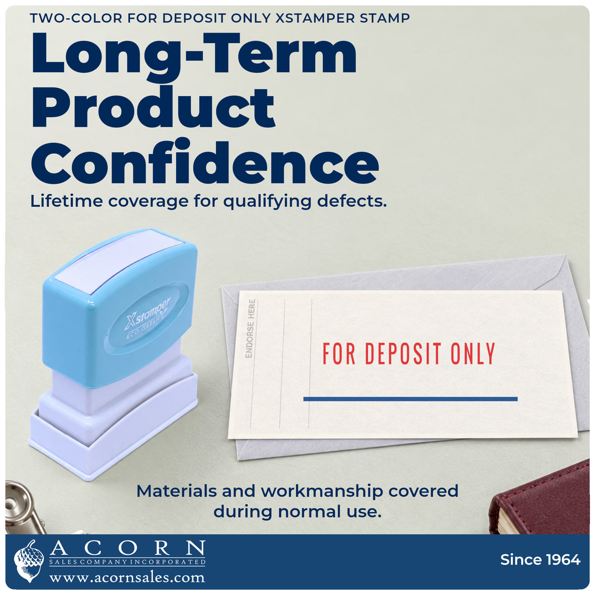 Lifetime guarantee graphic shown with the For Deposit Only Stamp For Bank Deposits from Acorn Sales