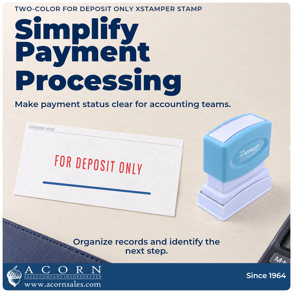Office workflow showing where the "For deposit only" stamp marks documents