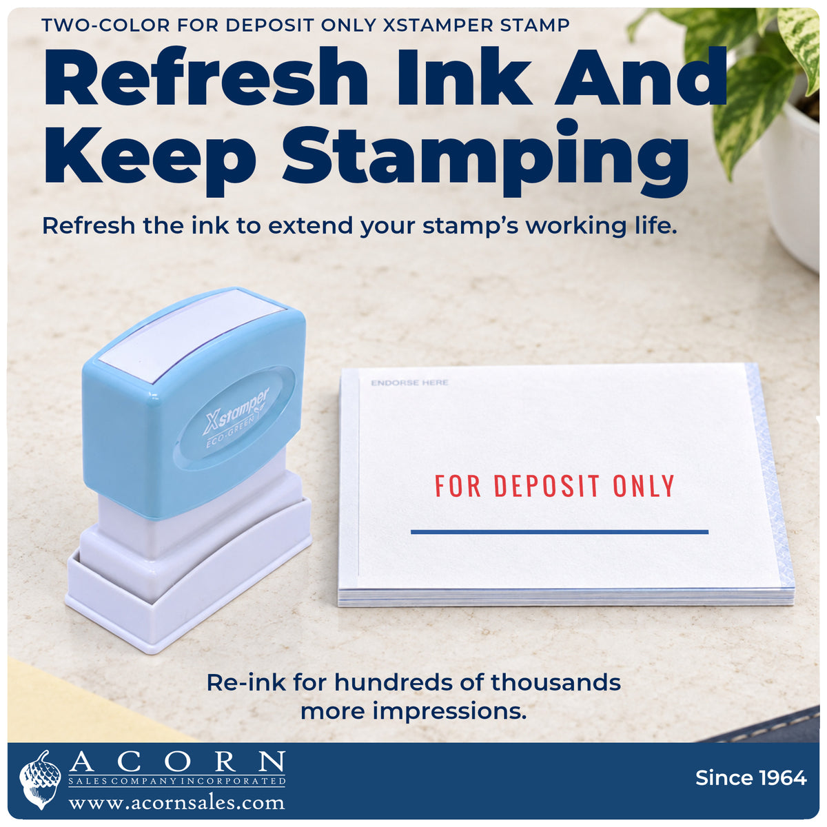 Re-inkable pre-inked build of the For Deposit Only Stamp For Bank Deposits shown in detail