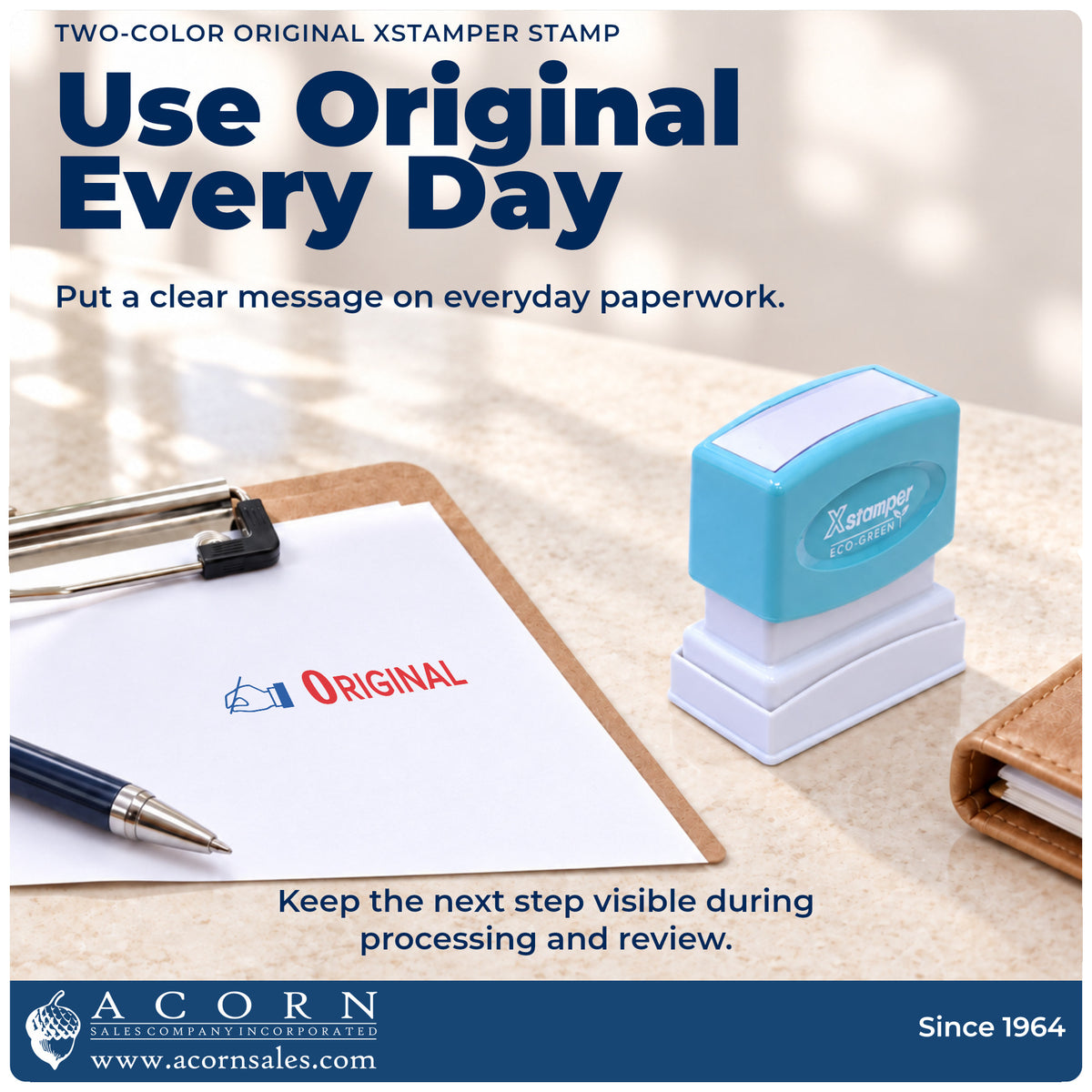 Original Stamp being pressed to leave an imprint reading "Original"