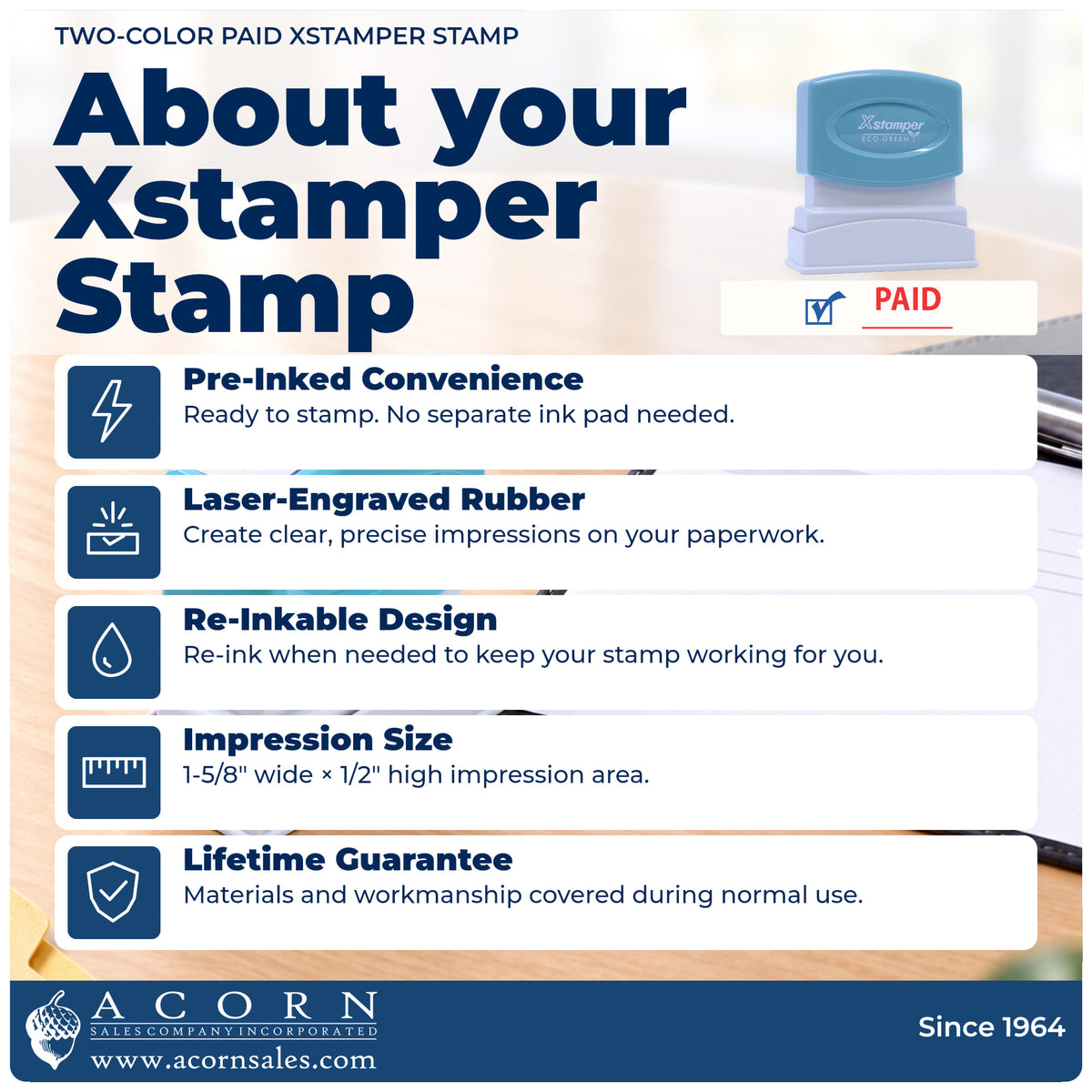 About your Two-Color Paid Stamp: Xstamper 2024 pre-inked stock stamp facts