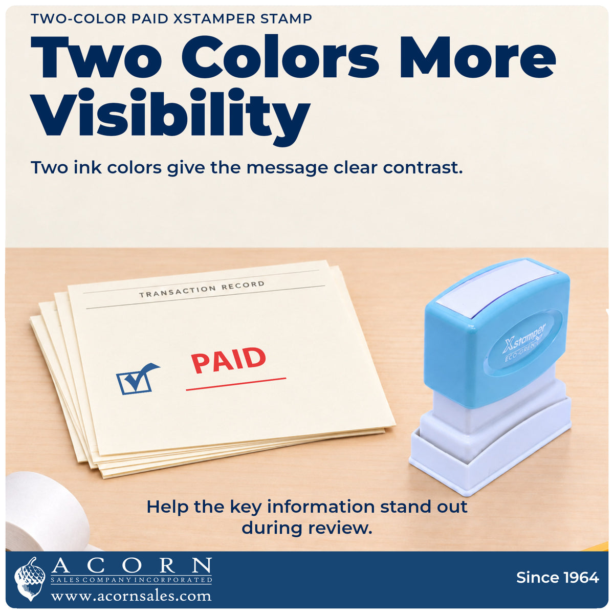 Features of the Two-Color Paid Stamp: pre-inked Xstamper 2024, 1/2 x 1-5/8 in imprint