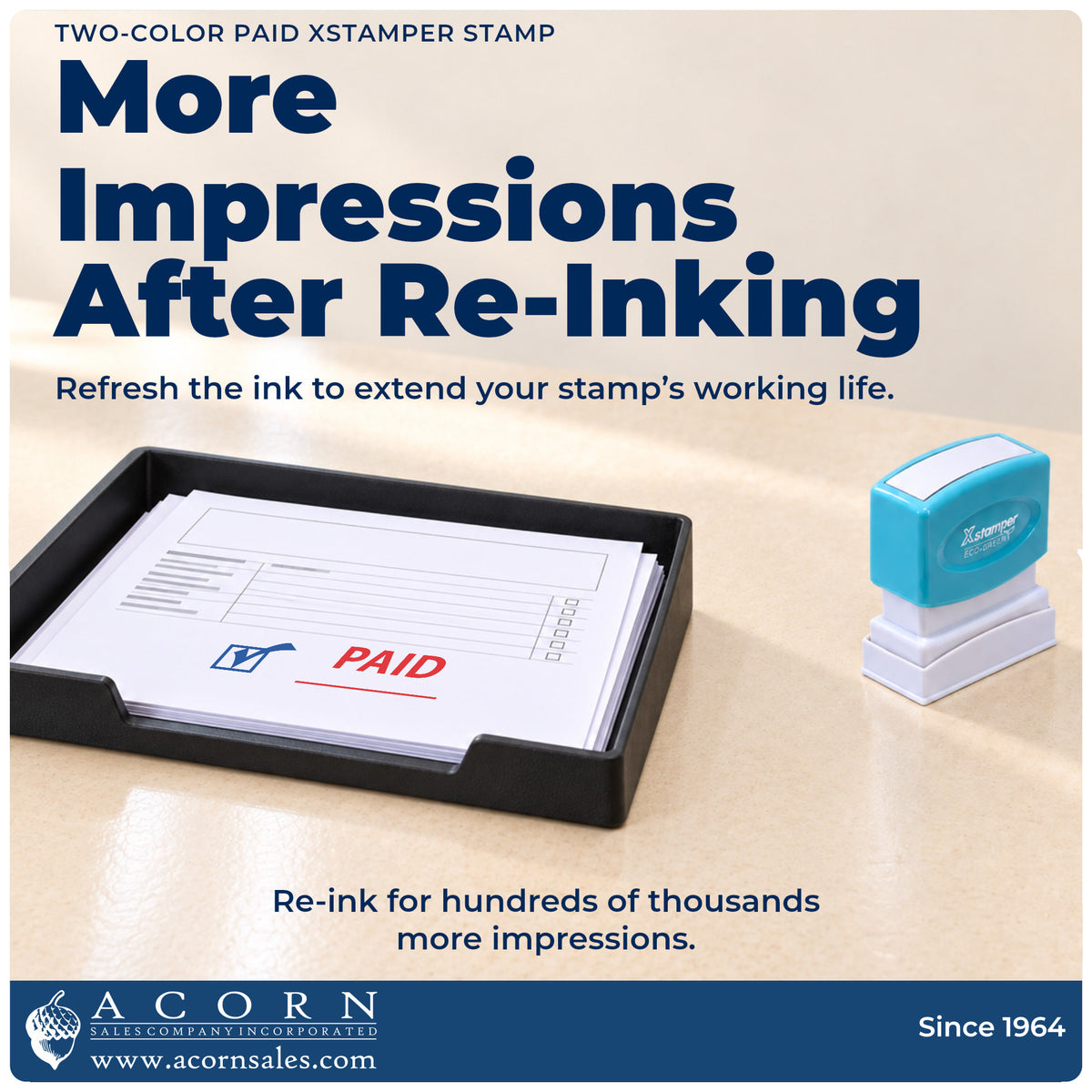 Re-inkable pre-inked build of the Two-Color Paid Stamp shown in detail