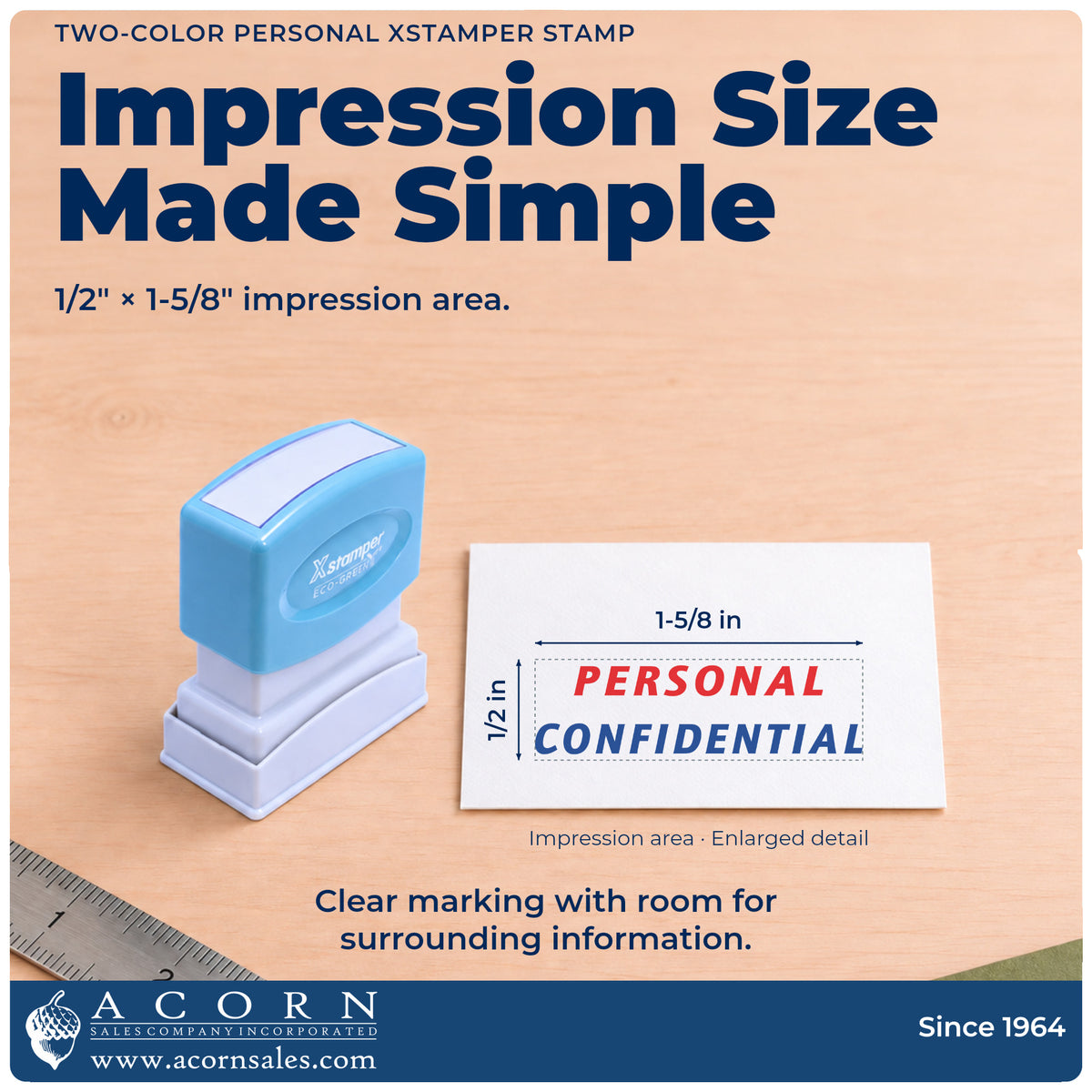 Impression size guide: the "Personal" imprint measures 1-5/8 x 1/2 in