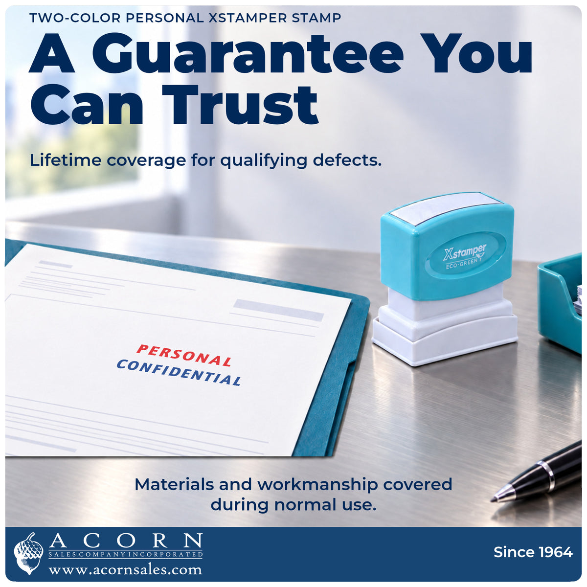Lifetime guarantee graphic shown with the Xstamper Personal Document Stamp from Acorn Sales