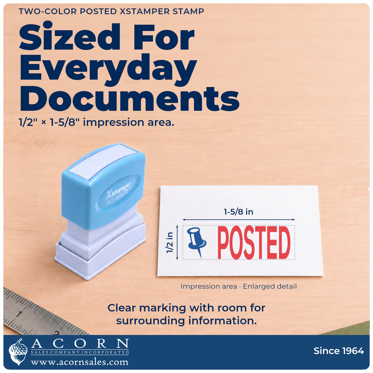 Impression size guide: the "Posted" imprint measures 1/2 x 1-5/8 in