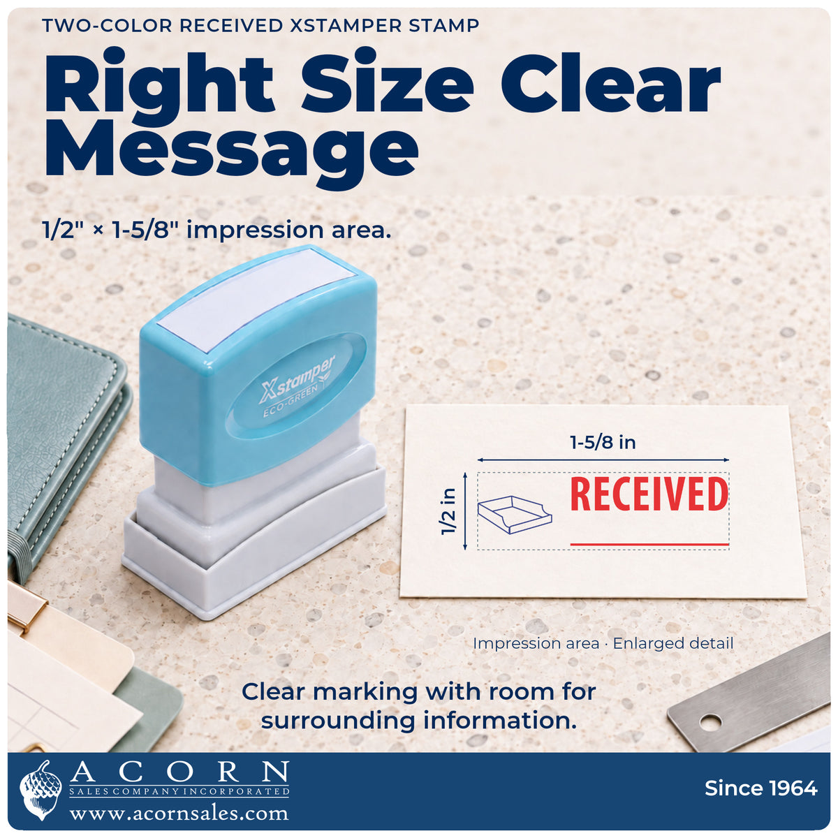 Impression size guide: the "Received" imprint measures 1-5/8 x 1/2 in