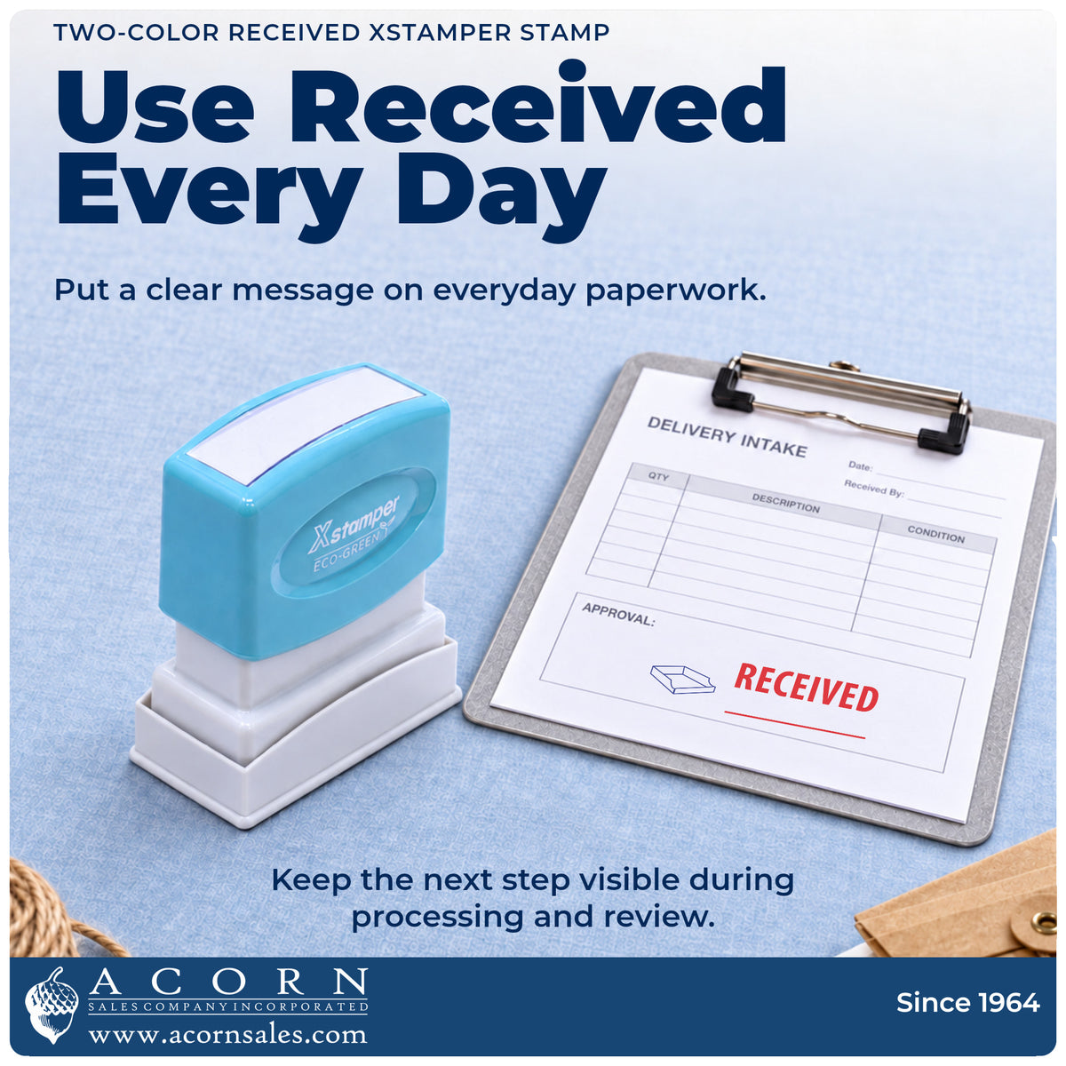 Two-Color Received Stamp being pressed to leave an imprint reading "Received"