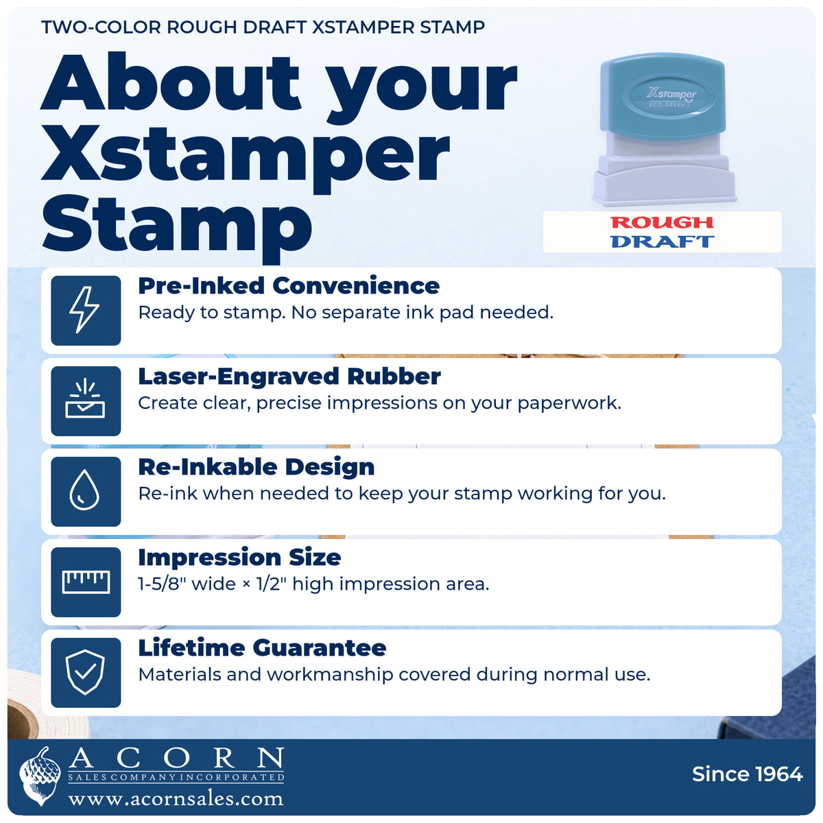 About your Two-Color Rough Draft Document Stamp: Xstamper 2033 pre-inked stock stamp facts