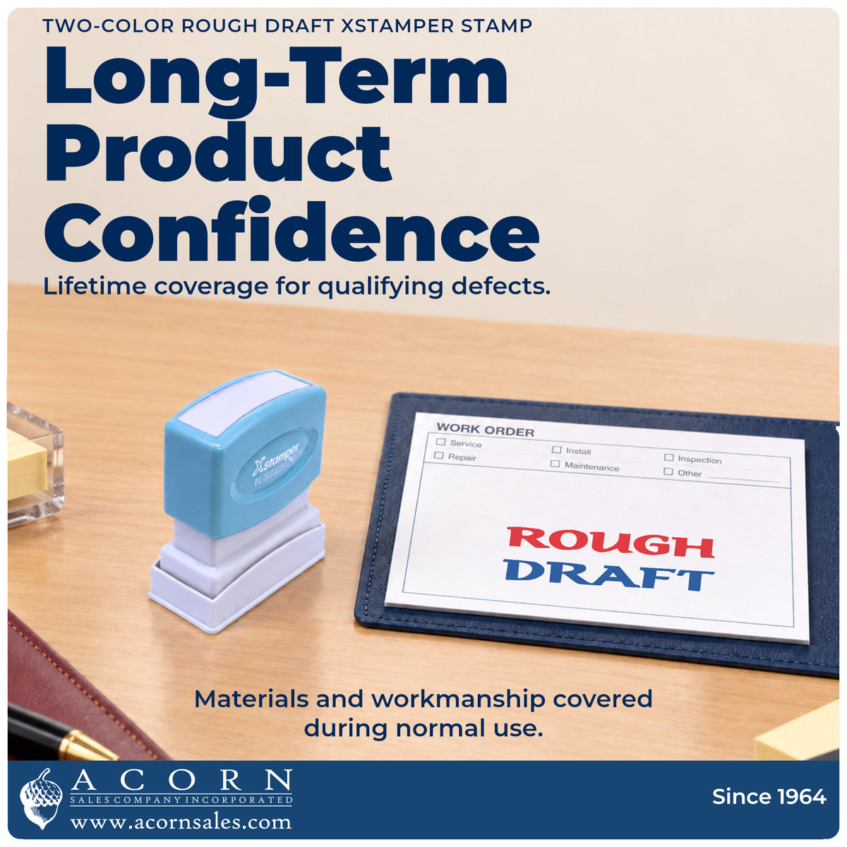 Lifetime guarantee graphic shown with the Two-Color Rough Draft Document Stamp from Acorn Sales