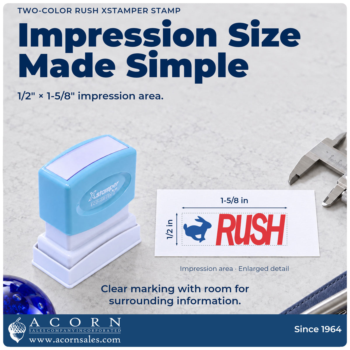 Impression size guide: the "Rush" imprint measures 1-5/8 x 1/2 in