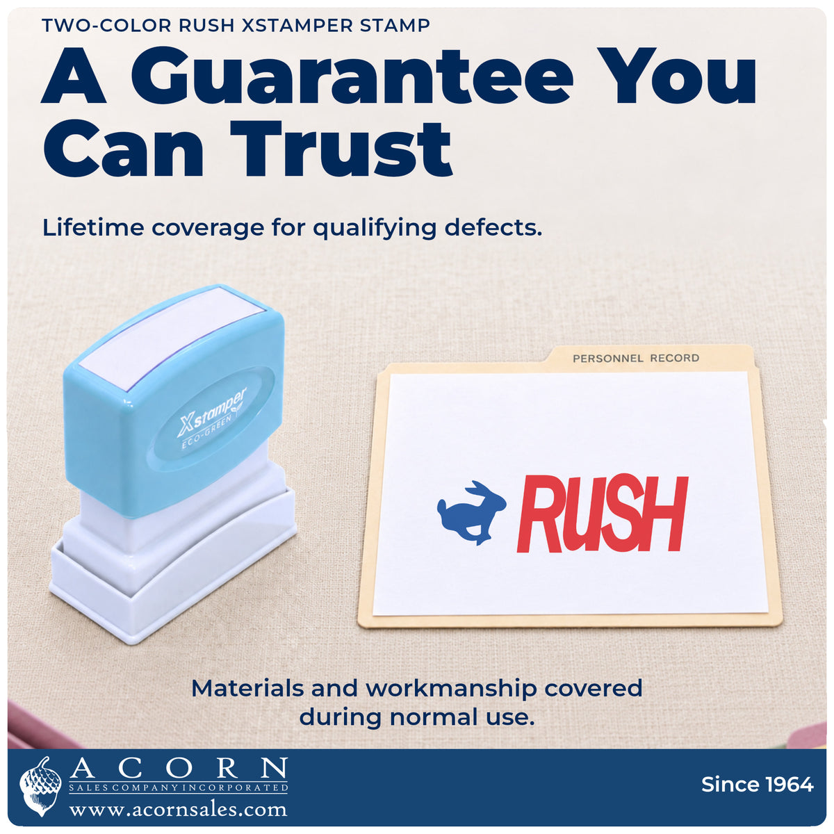 Lifetime guarantee graphic shown with the Two-Color Rush Priority Stamp from Acorn Sales