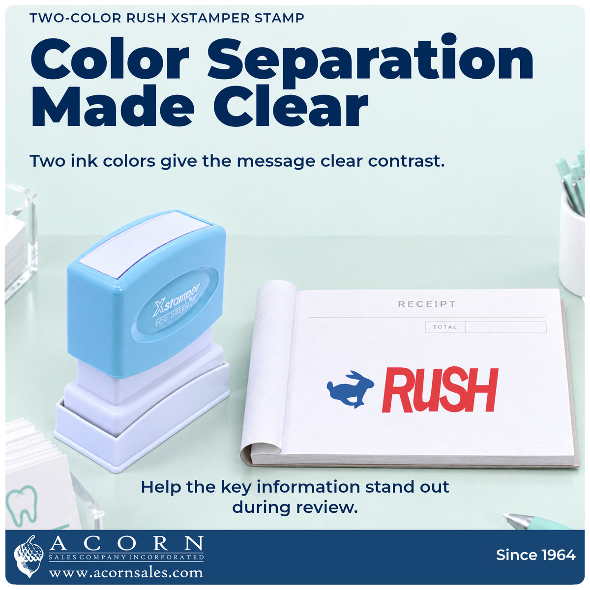 Features of the Two-Color Rush Priority Stamp: pre-inked Xstamper 2040, 1-5/8 x 1/2 in imprint