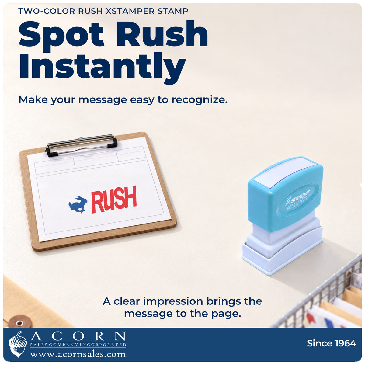 "Rush" imprint on office paperwork beside the Two-Color Rush Priority Stamp