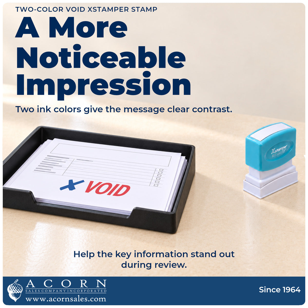 Features of the Xstamper Void Check Stamp: pre-inked Xstamper 2037, 1/2 x 1-5/8 in imprint