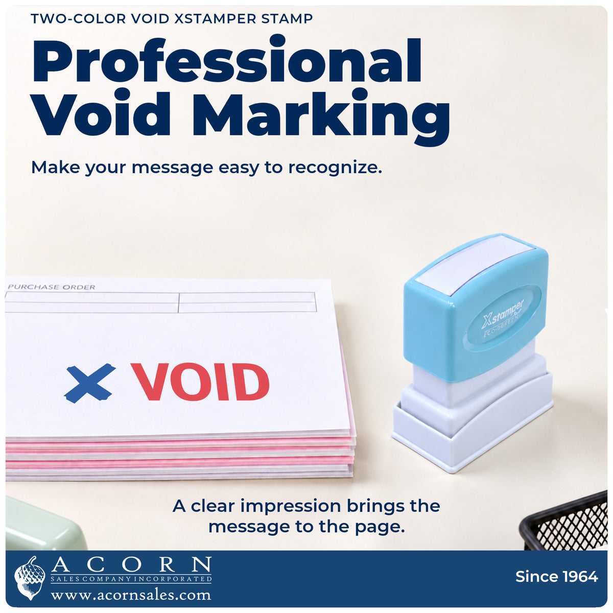 "Void" imprint on office paperwork beside the Xstamper Void Check Stamp