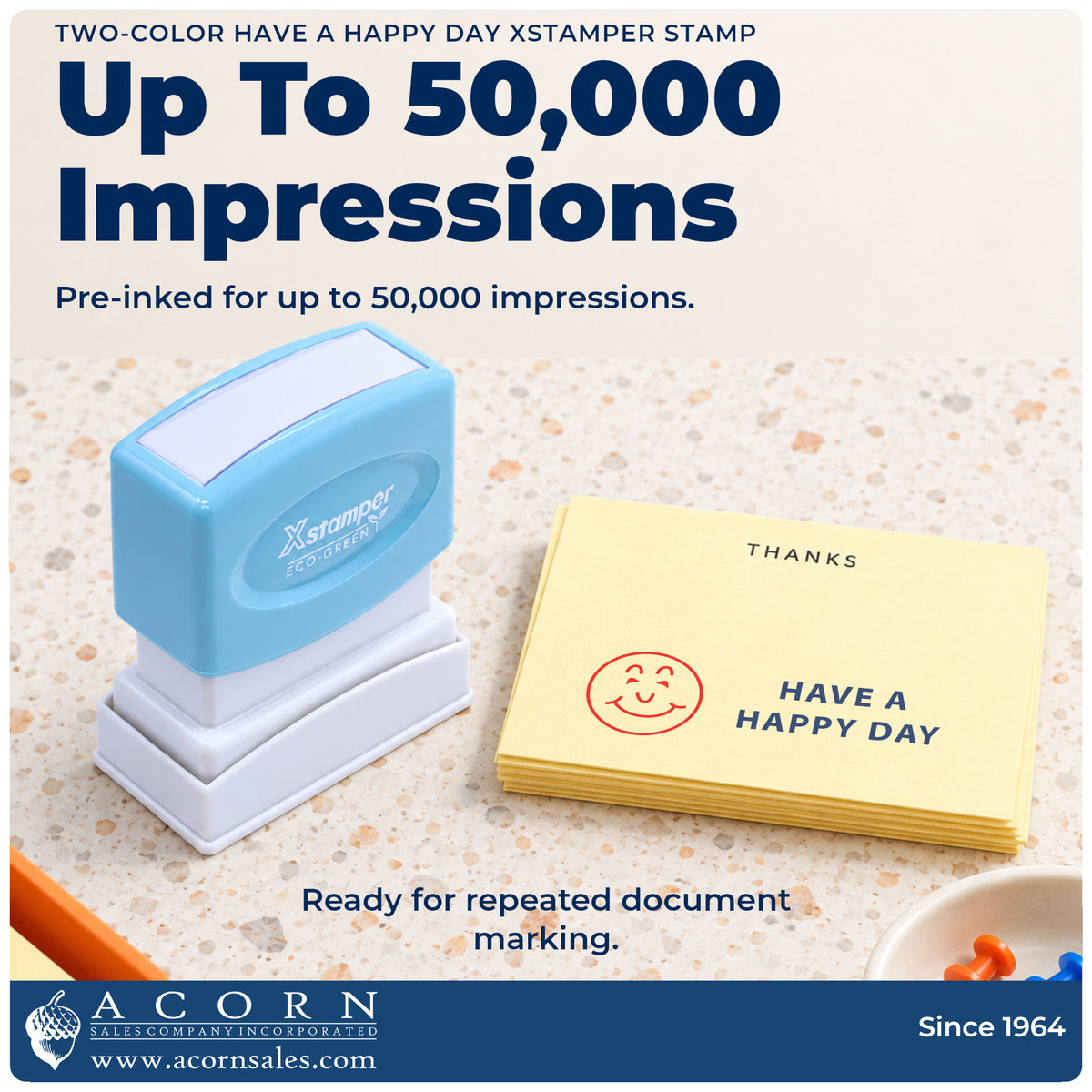 Re-inkable pre-inked build of the Two-Color Have A Happy Day Greeting Stamp shown in detail