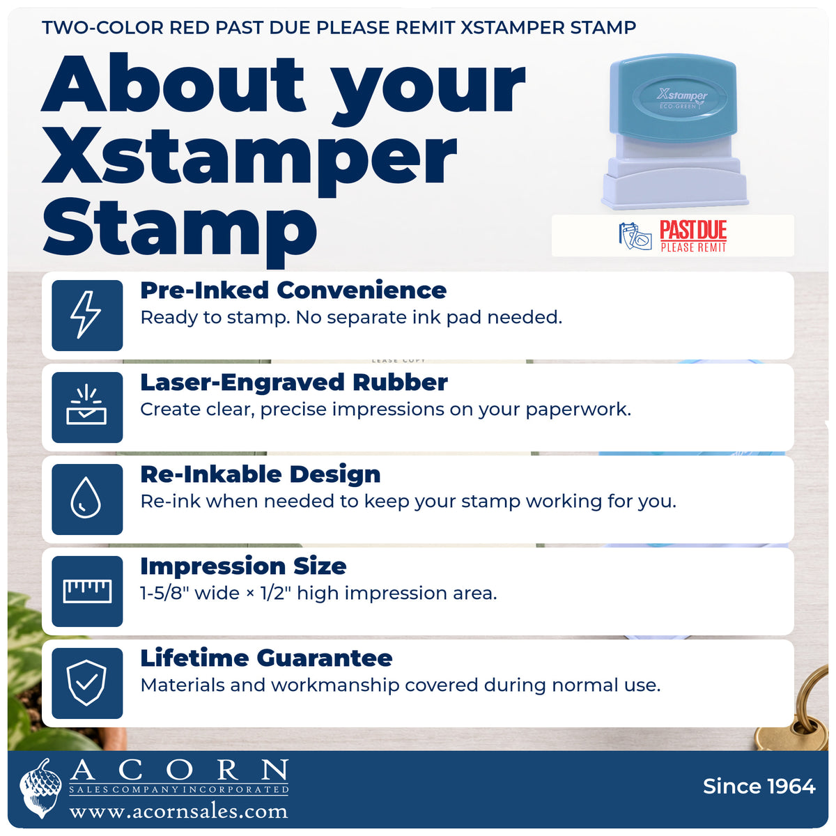 About your Past Due Please Remit Stamp – Two-Color Red Pre-Inked Xstamper: Xstamper 2049 pre-inked stock stamp facts