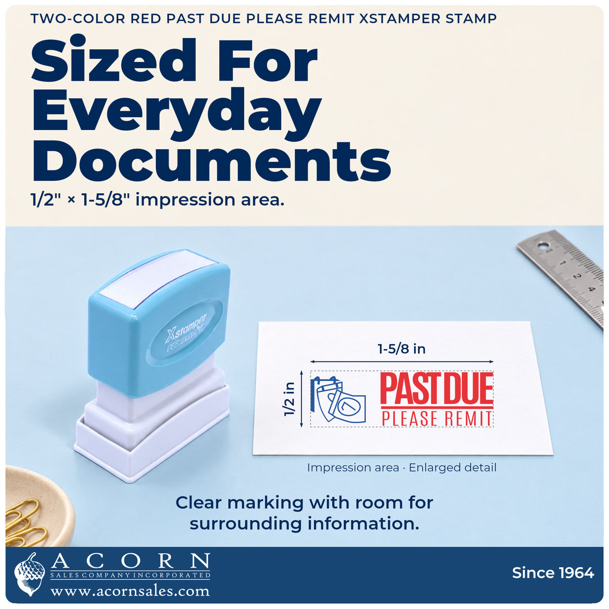 Impression size guide: the "Past due please remit" imprint measures 1/2 x 1-5/8 in