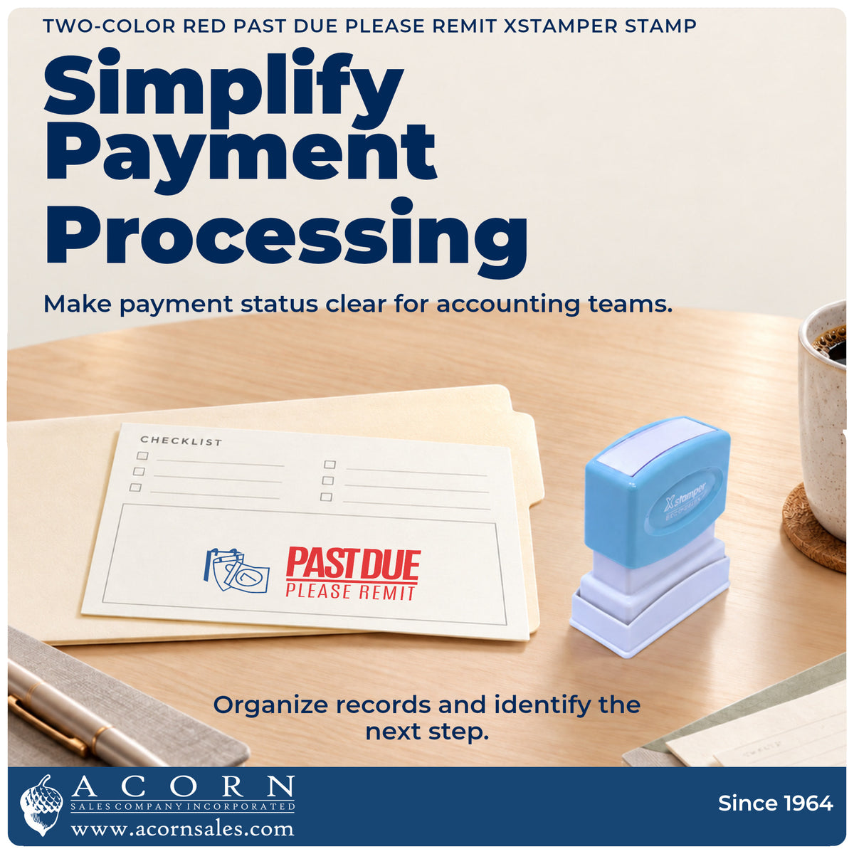Office workflow showing where the "Past due please remit" stamp marks documents