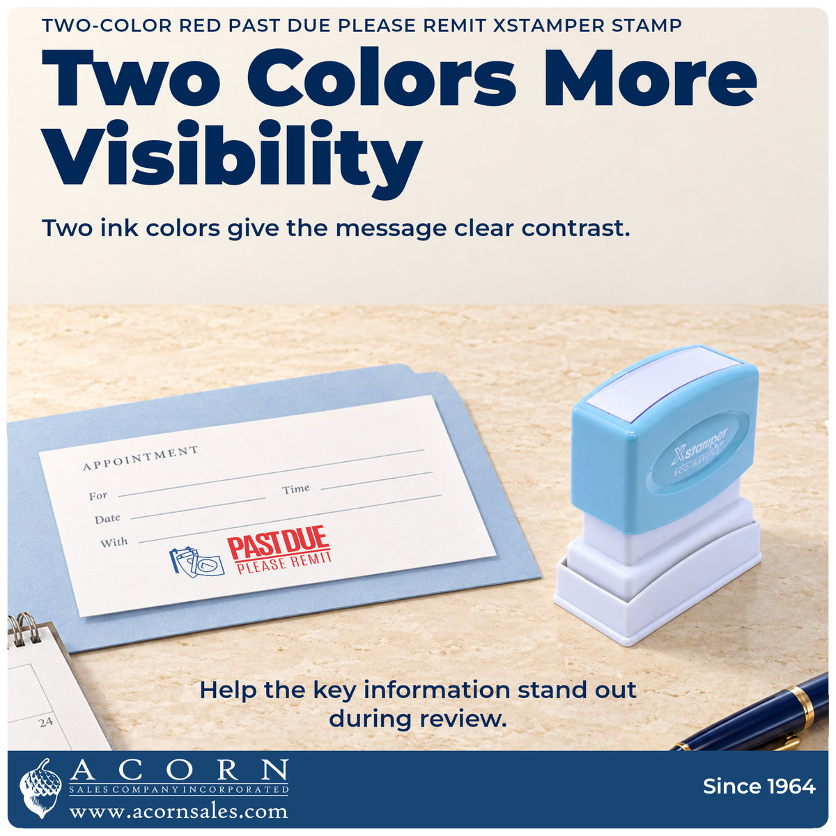 Features of the Past Due Please Remit Stamp – Two-Color Red Pre-Inked Xstamper: pre-inked Xstamper 2049, 1/2 x 1-5/8 in im...