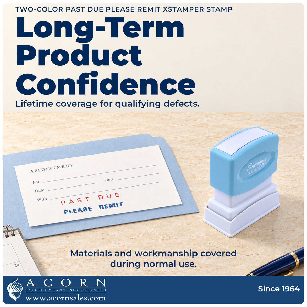 Lifetime guarantee graphic shown with the Two-Color Past Due Please Remit Billing Stamp from Acorn Sales