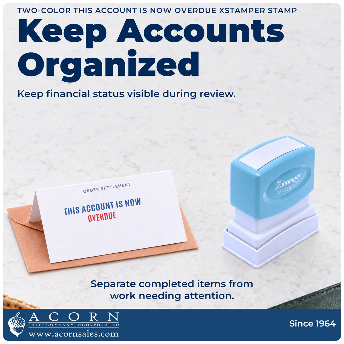 Office workflow showing where the "This account is now overdue" stamp marks documents