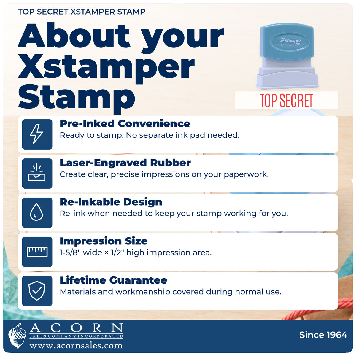 About your Top Secret Document Stamp: Xstamper 1135 pre-inked stock stamp facts