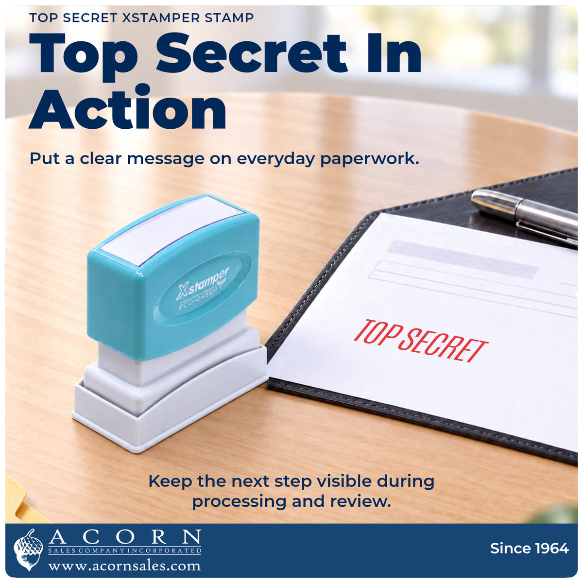 Top Secret Document Stamp being pressed to leave an imprint reading "Top secret"