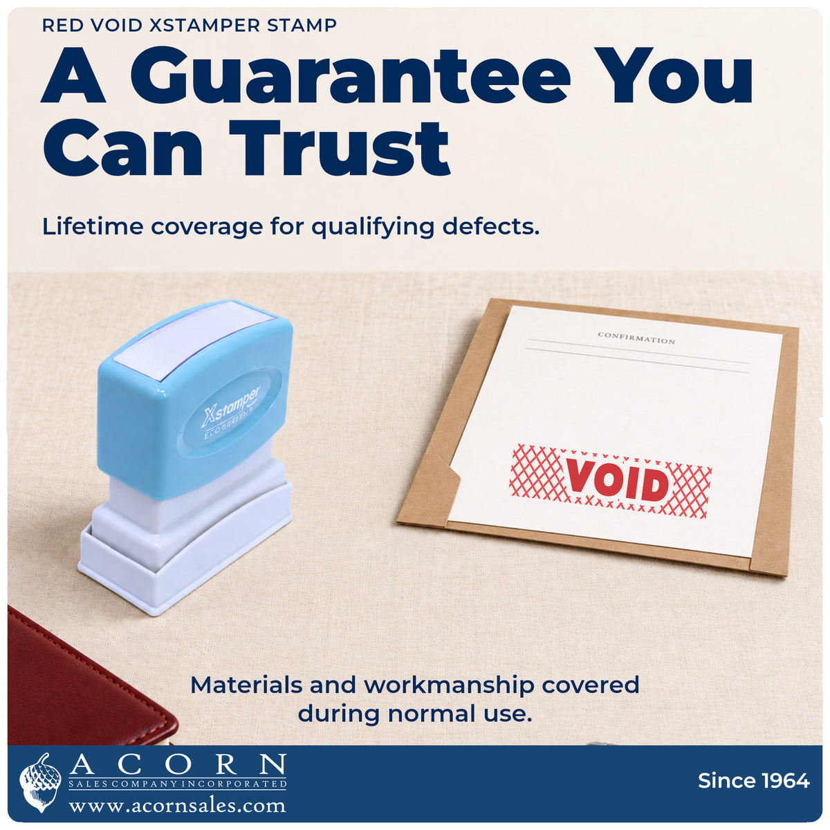 Lifetime guarantee graphic shown with the Red Void Accounting Stamp from Acorn Sales