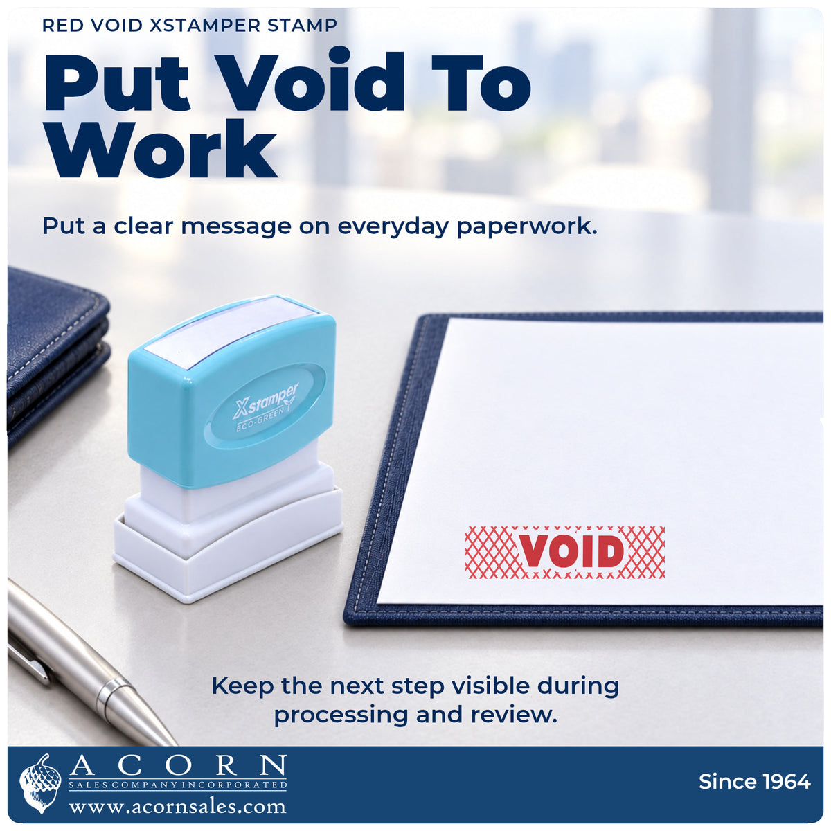 Red Void Accounting Stamp being pressed to leave an imprint reading "Void"