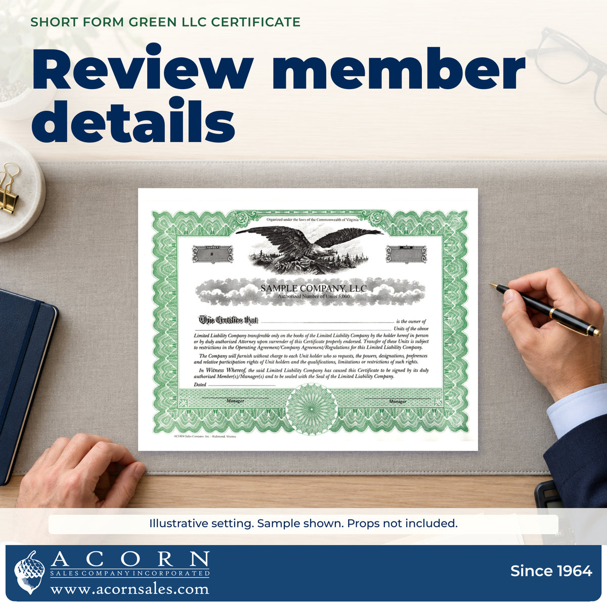 Business owner reviews the sample company and member fields on a printed LLC certificate.