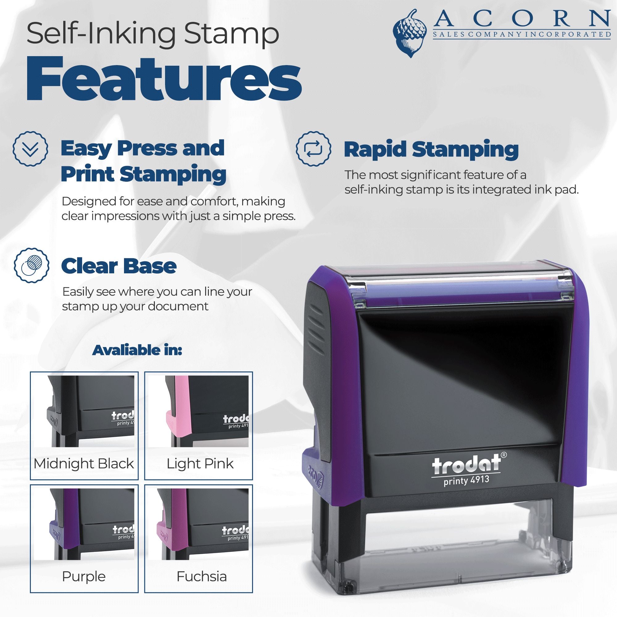 Self-inking rubber stamp features infographic for Trodat Printy 4913, highlighting easy press, rapid stamping, clear base, and color options.
