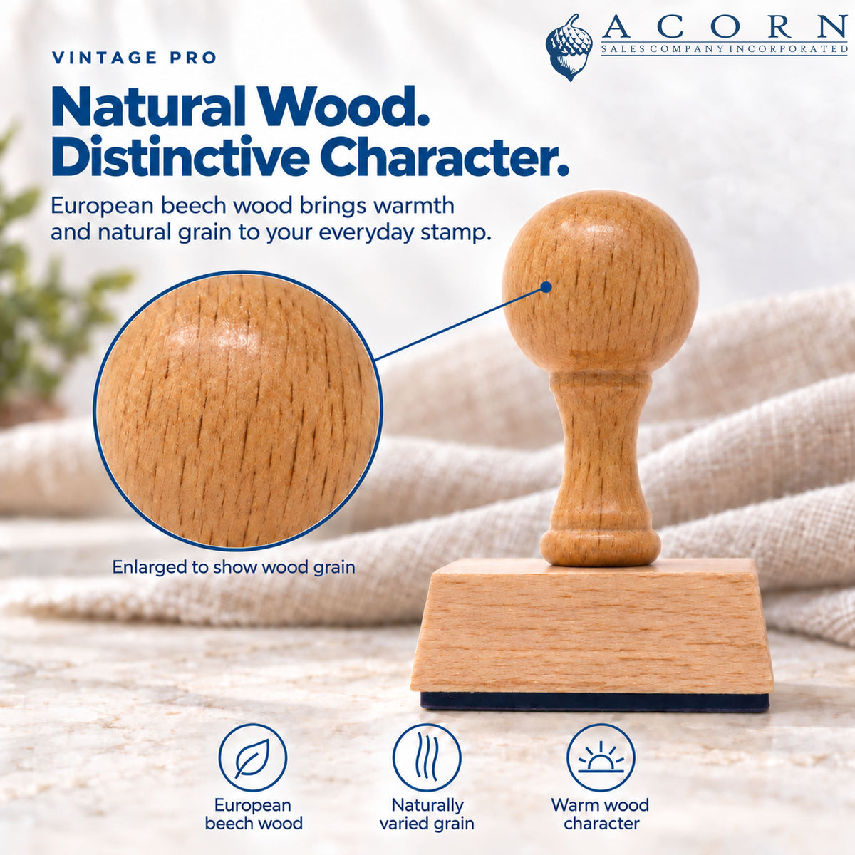 Vintage Pro infographic showing a European beech wood stamp with an enlarged view of the wood grain, highlighting naturally varied grain and warm wood character.