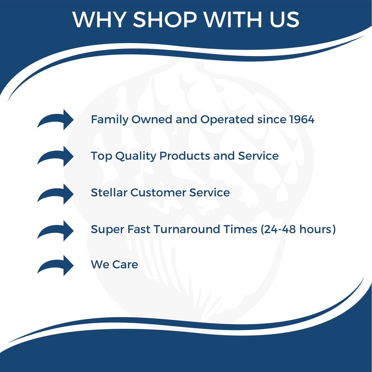 Why shop with us for custom rubber stamps: family-owned since 1964, top quality, stellar service, and 24–48 hour turnaround.
