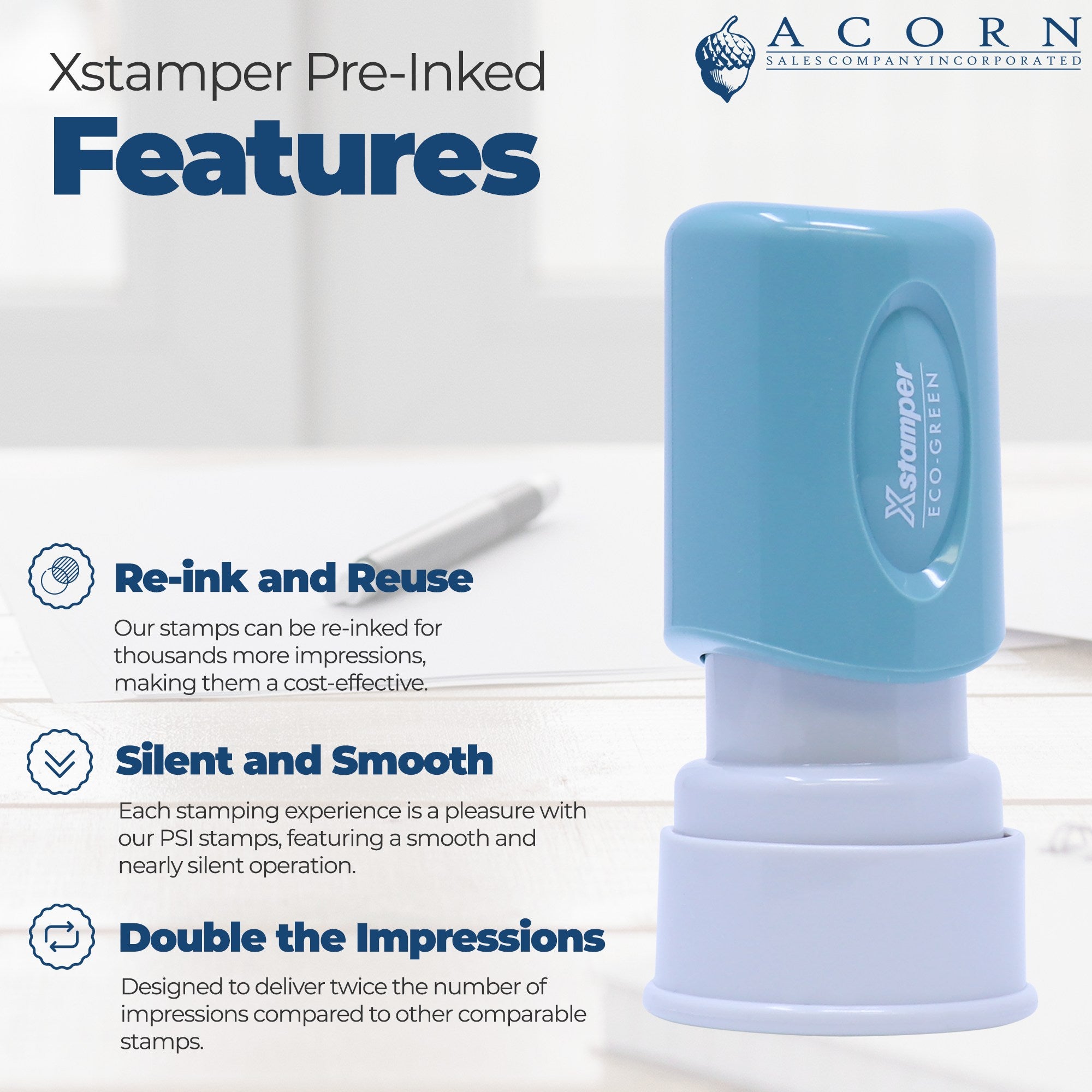 Xstamper pre-inked stamp graphic highlighting re-ink and reuse, silent smooth operation, and double impressions, cost-effective performance.