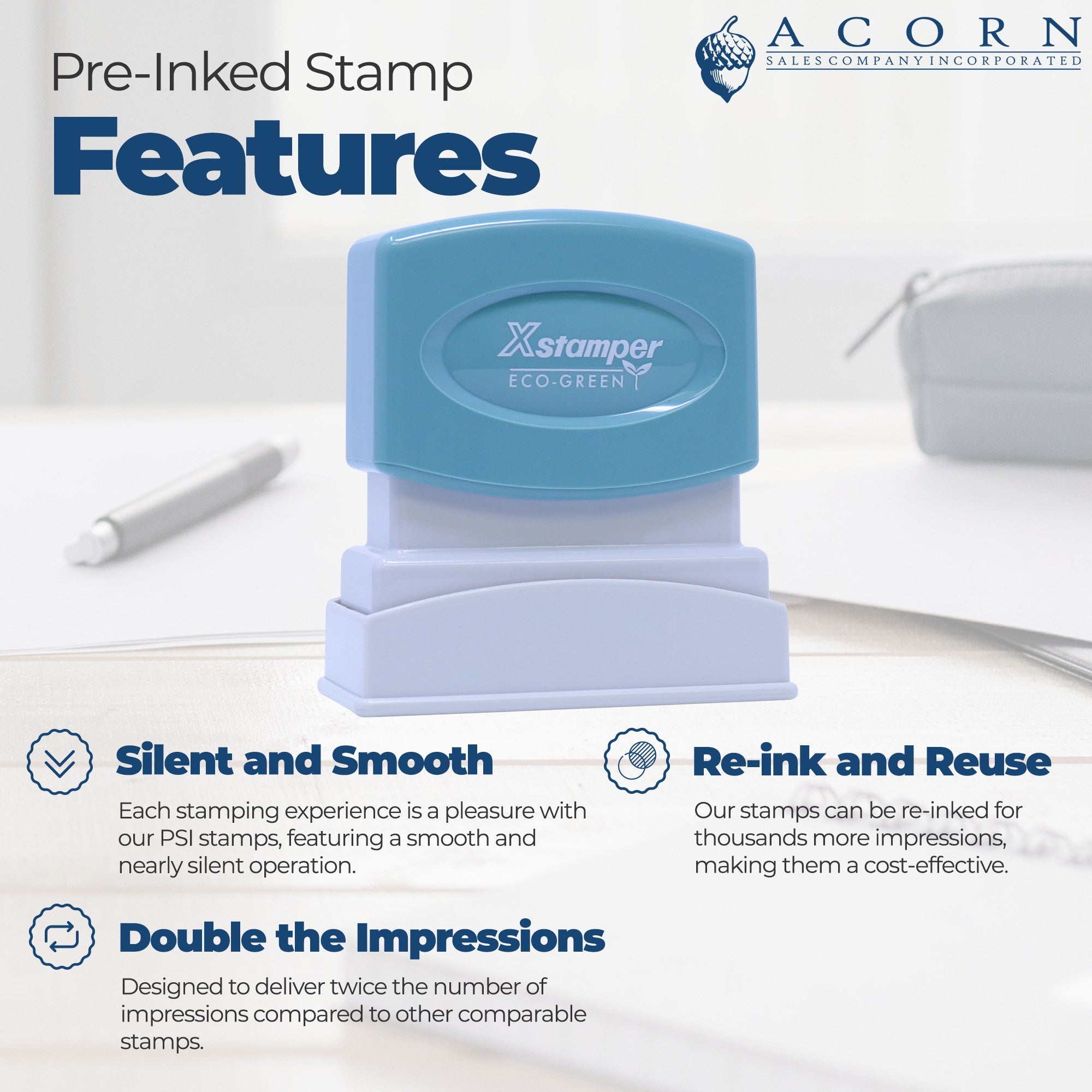 Xstamper Eco-Green pre-inked stamp showcasing silent, smooth, re-ink and long-lasting impressions for business branding and mailing.