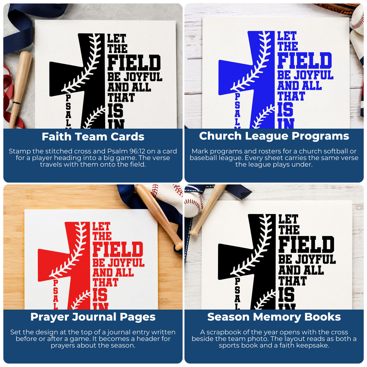 Four ways to use the Joyful Baseball Cross Hand Stamp – Duo: faith team cards, church league programs, prayer journal pages and season memory books.