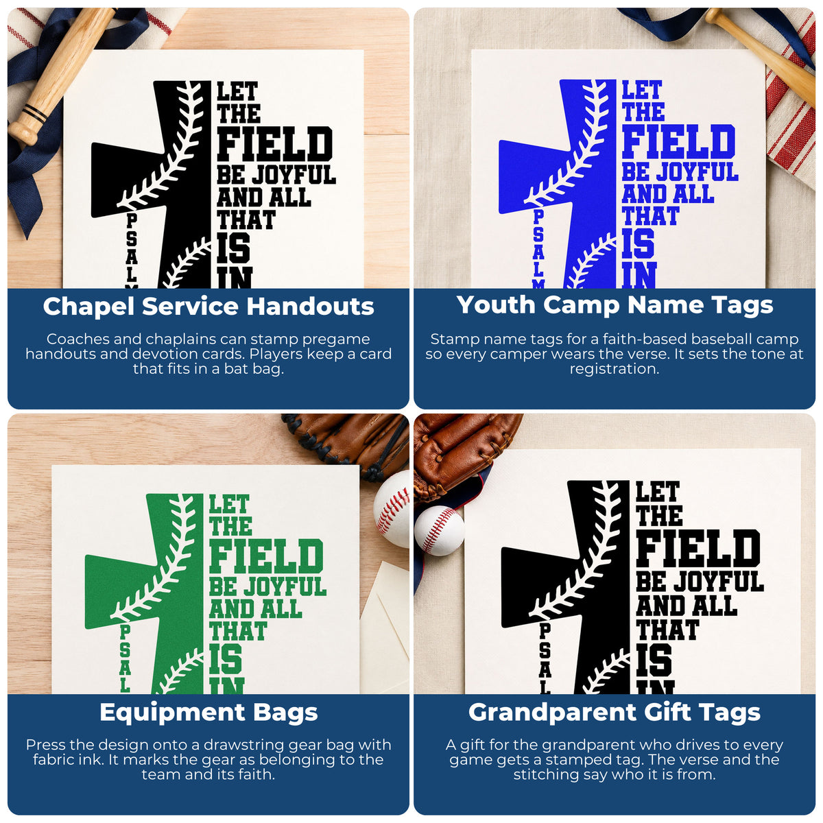 Four ways to use the Joyful Baseball Cross Hand Stamp – Duo: chapel service handouts, youth camp name tags, equipment bags and grandparent gift tags.