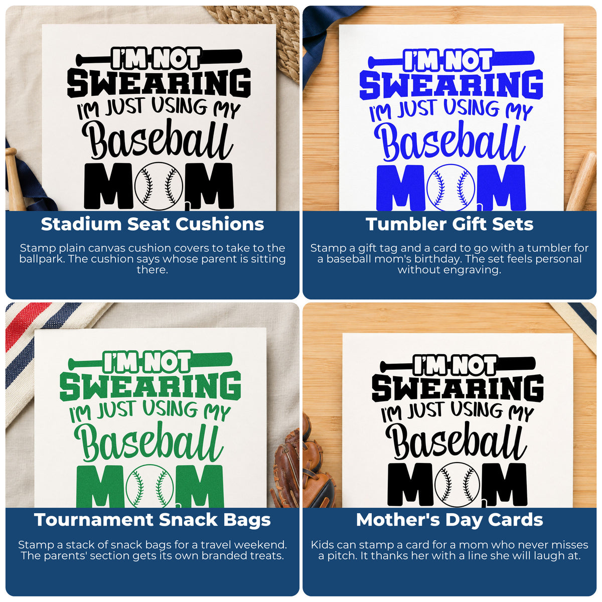 Four ways to use the Baseball Mom Words Premium Wood-Mounted Stamp - Vintage Pro: stadium seat cushions, tumbler gift sets, tournament snack bags and mother's day cards.