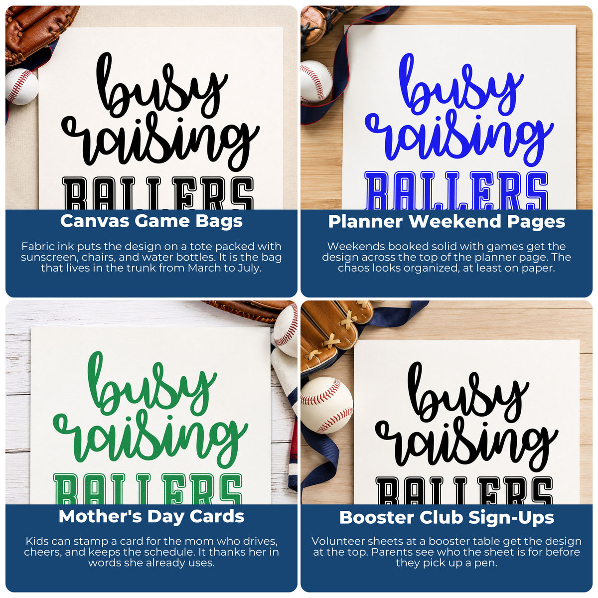 Four ways to use the PSI Pre-Inked Busy Raising Ballers Script Lettering Stamp: canvas game bags, planner weekend pages, mother's day cards and booster club sign-ups.