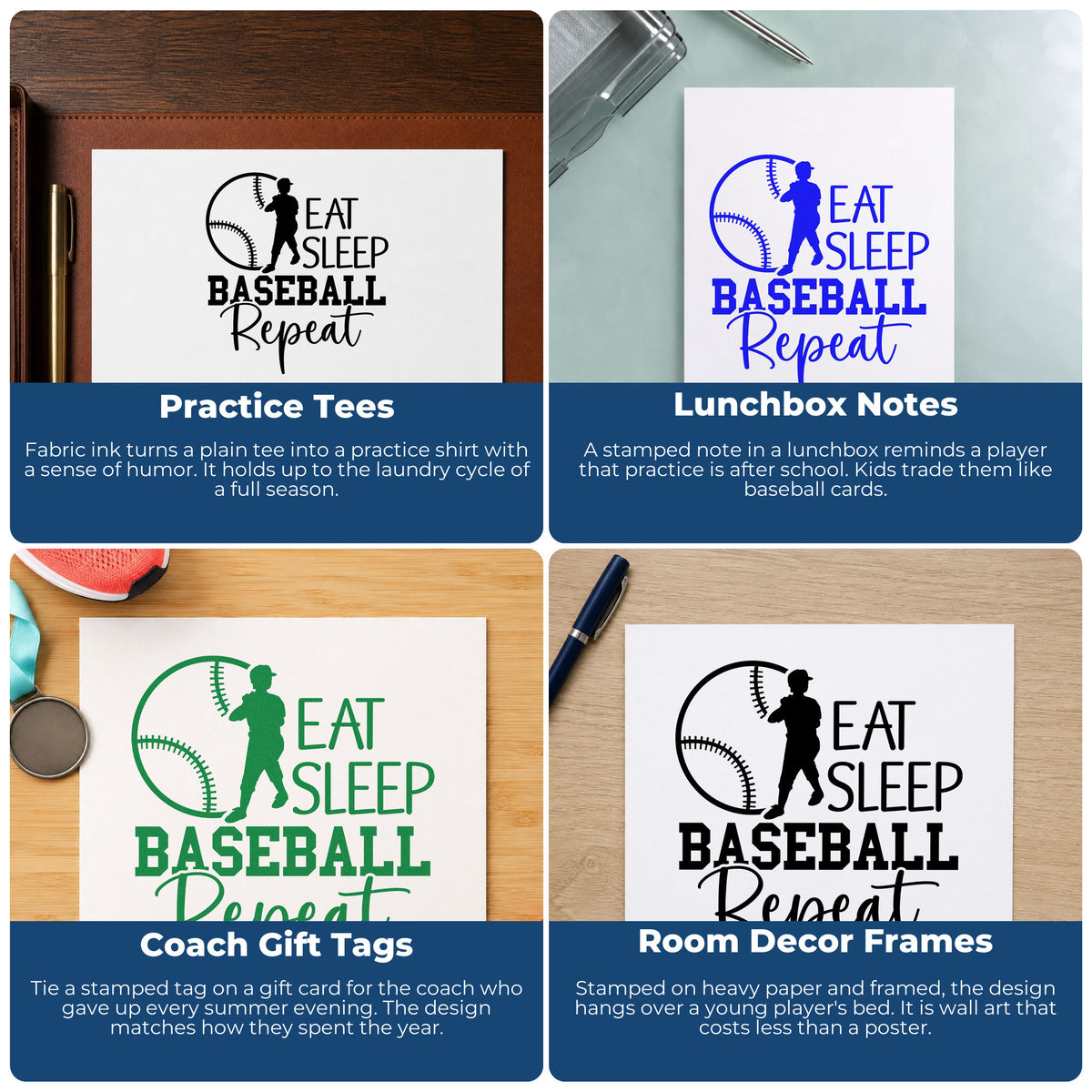 Four ways to use the Eat Sleep Baseball Repeat Rubber Stamp – Duo Hand: practice tees, lunchbox notes, coach gift tags and room decor frames.