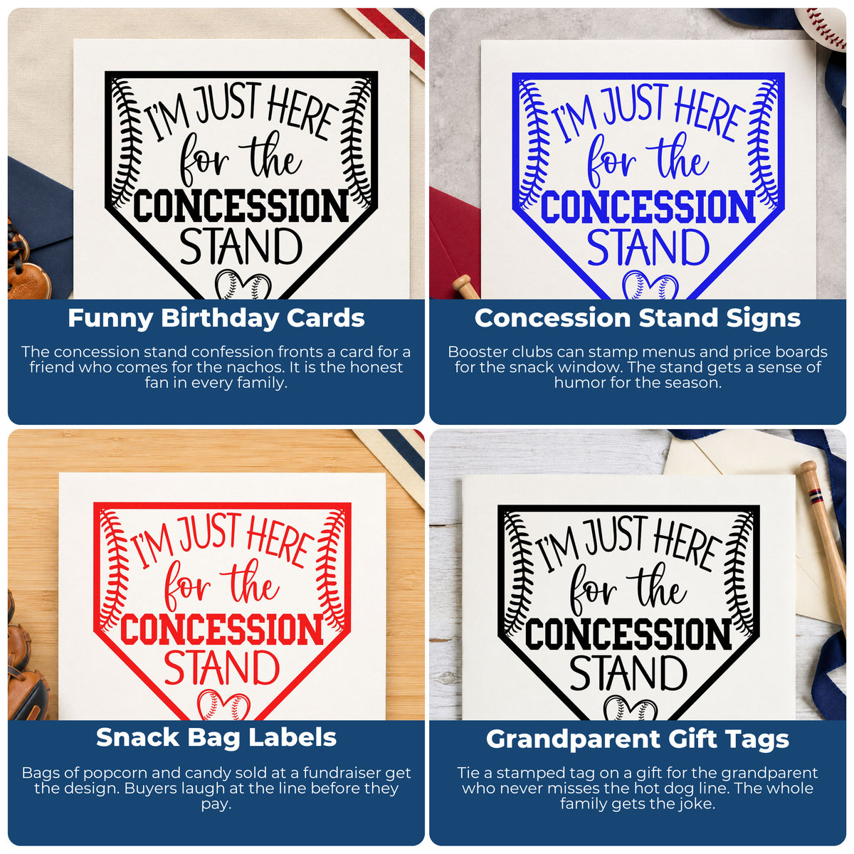 Four ways to use the Concession Stand Fan Baseball Heart Hand Stamp – Duo: funny birthday cards, concession stand signs, snack bag labels and grandparent gift tags.