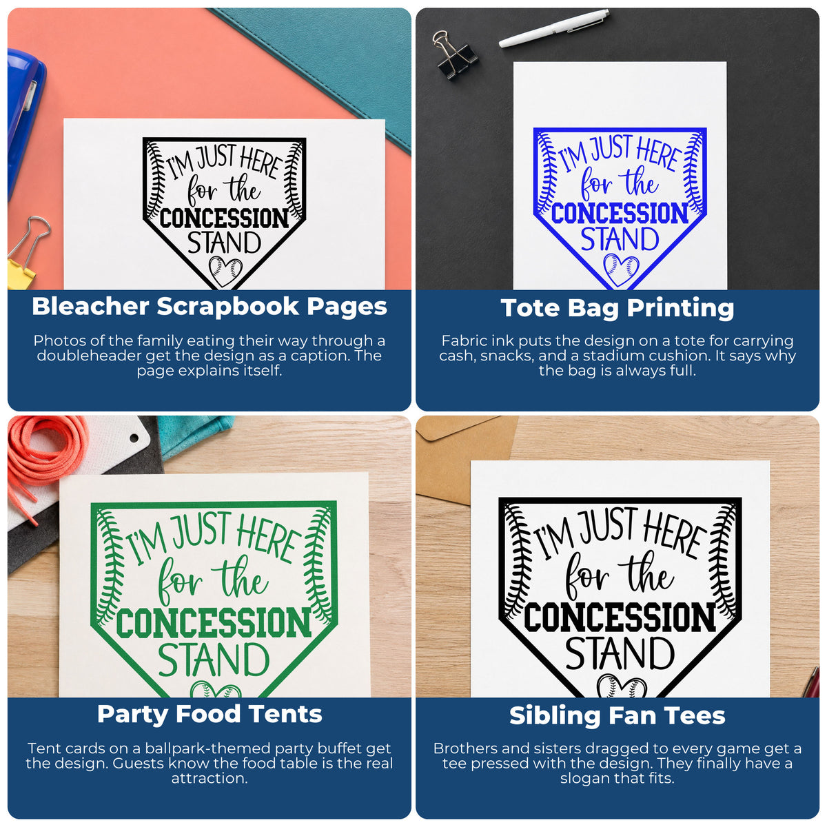 Four ways to use the Concession Stand Fan Baseball Heart Self-Inking Stamp: bleacher scrapbook pages, tote bag printing, party food tents and sibling fan tees.