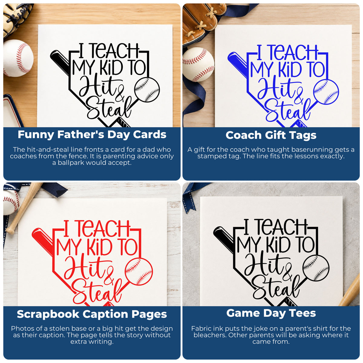 Four ways to use the Hit & Steal Home Plate Premium Wooden Stamp - Vintage Pro: funny father's day cards, coach gift tags, scrapbook caption pages and game day tees.