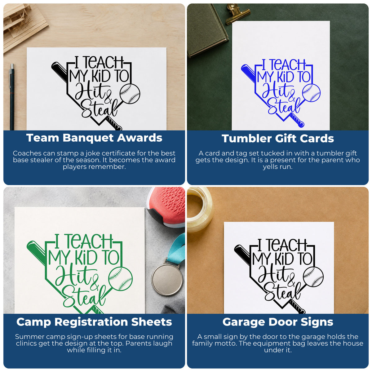 Four ways to use the Hit & Steal Home Plate Self-Inking Stamp: team banquet awards, tumbler gift cards, camp registration sheets and garage door signs.