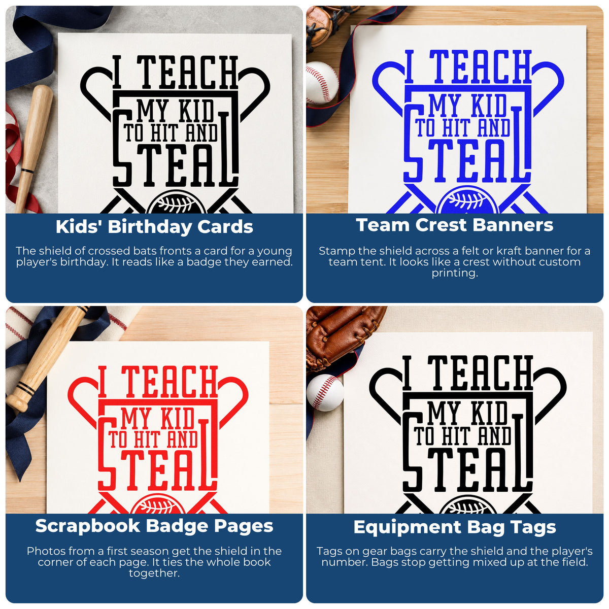 Four ways to use the Hit And Steal Shield Crossed Baseball Bats Stamp - Premium Vintage Pro Wooden: kids' birthday cards, team crest banners, scrapbook badge pages and equipment bag tags.