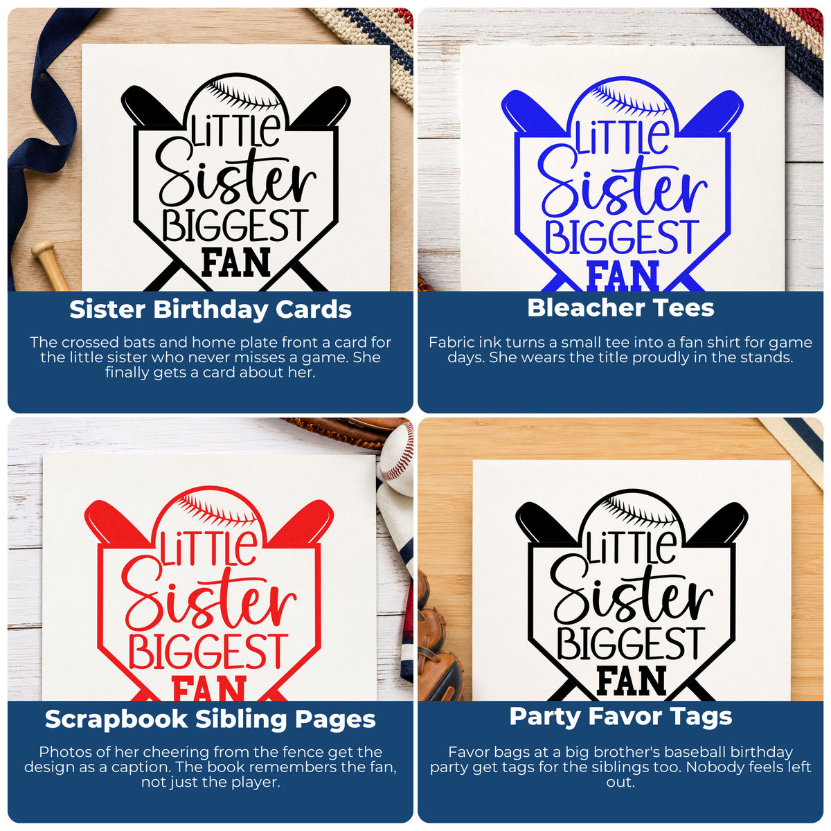 Four ways to use the Little Sister Biggest Fan Rubber Stamp – Duo Hand: sister birthday cards, bleacher tees, scrapbook sibling pages and party favor tags.