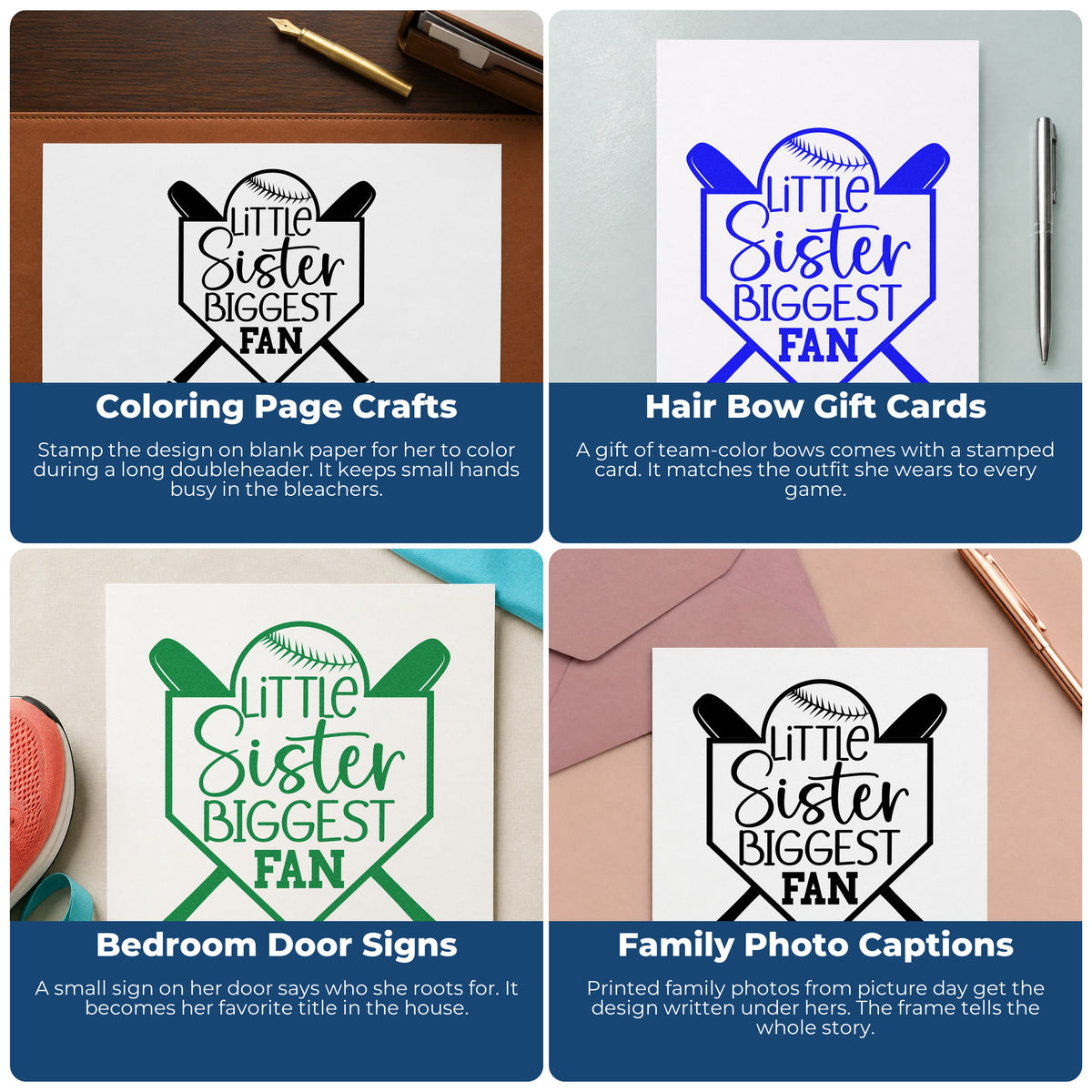 Four ways to use the Little Sister Biggest Fan PSI Pre-Inked Stamp: coloring page crafts, hair bow gift cards, bedroom door signs and family photo captions.