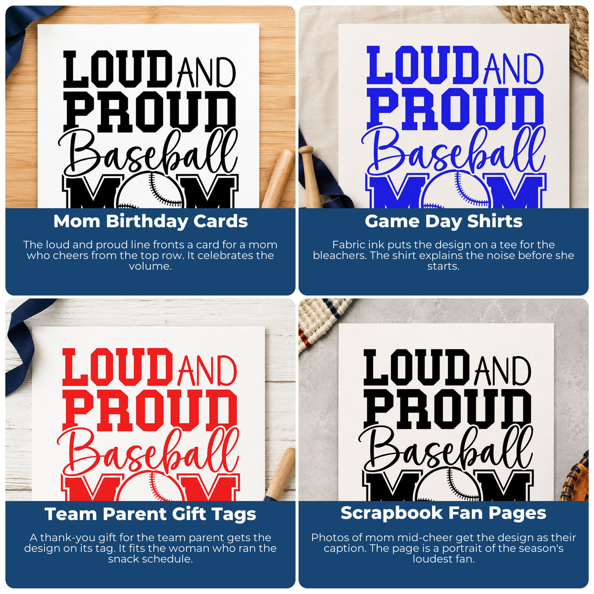 Four ways to use the Loud And Proud Baseball Mom Script Lettering Slim Pre-Inked Stamp: mom birthday cards, game day shirts, team parent gift tags and scrapbook fan pages.